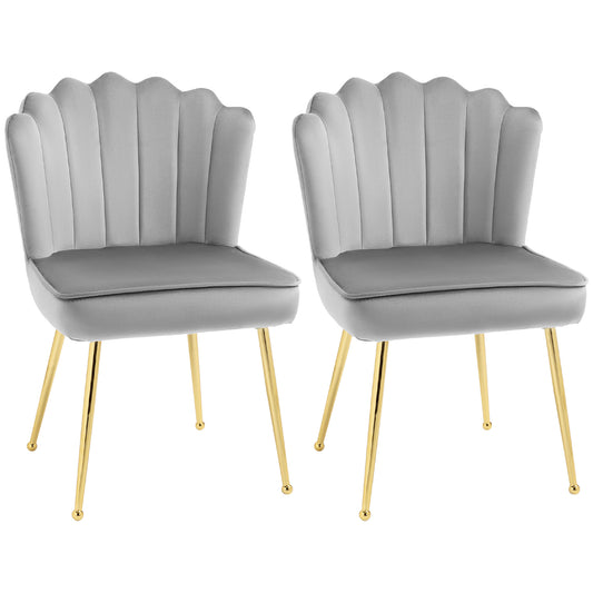 Retro Style Shell Luxe Velvet Accent Chair, Modern Living Room Chair with Gold Metal Legs for Living Room, Bedroom, Home Office, Set of 2, Grey