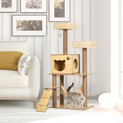 PawHut Cat Tree, 130cm Cat Tree for Indoor, Multi-Level Plush Cat Climbing Tower w/ Scratching Posts, Perches, Cat Condo, Ball for Large Cat, Yellow