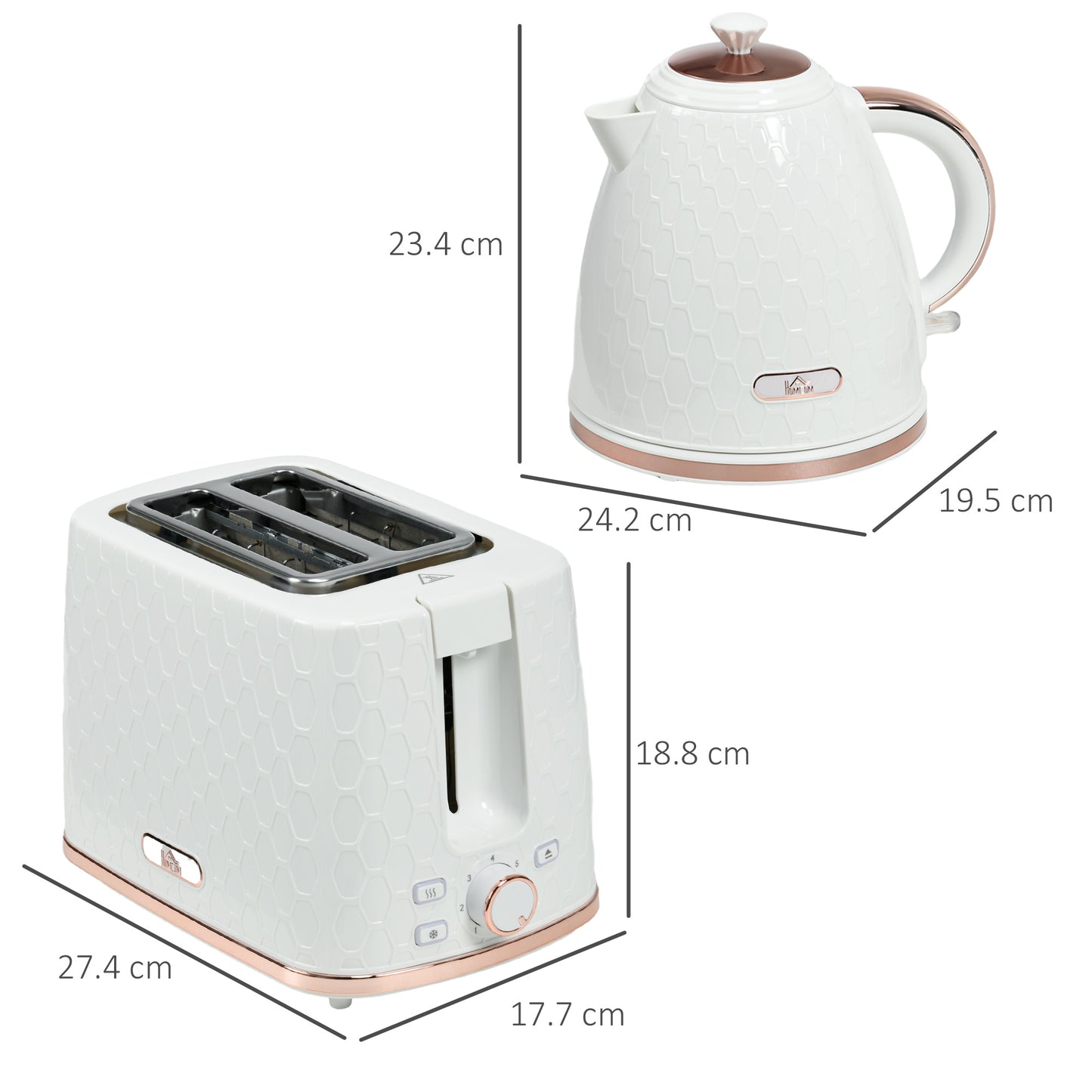 1.7L 3000W Fast Boil Kettle & 2 Slice Toaster Set, Kettle and Toaster Set with Auto Shut Off, Browning Controls, White