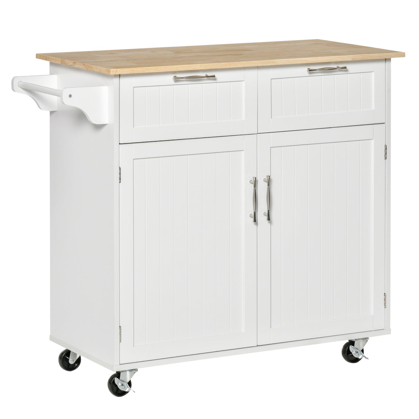 Modern Rolling Kitchen Island Storage Kitchen Cart Utility Trolley with Rubberwood Top, 2 Drawers, White