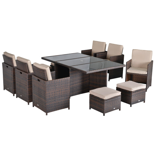 11 Piece Rattan Garden Furniture Patio Dining Set 10-seater Cube Sofa Weave Wicker 6 Chairs 4 Footrests & 1 Table Mixed Brown