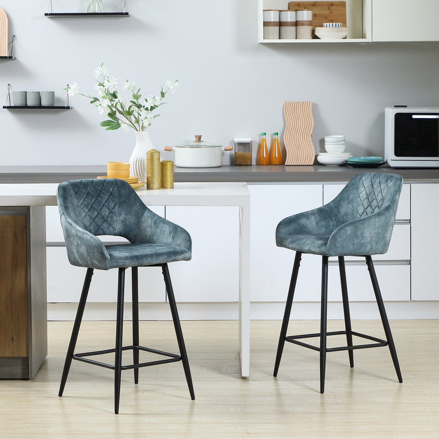 Bar Stools Set of 2, Velvet-Touch Fabric Counter Height Bar Chairs, Kitchen Stools with Steel Legs for Dining Area Blue