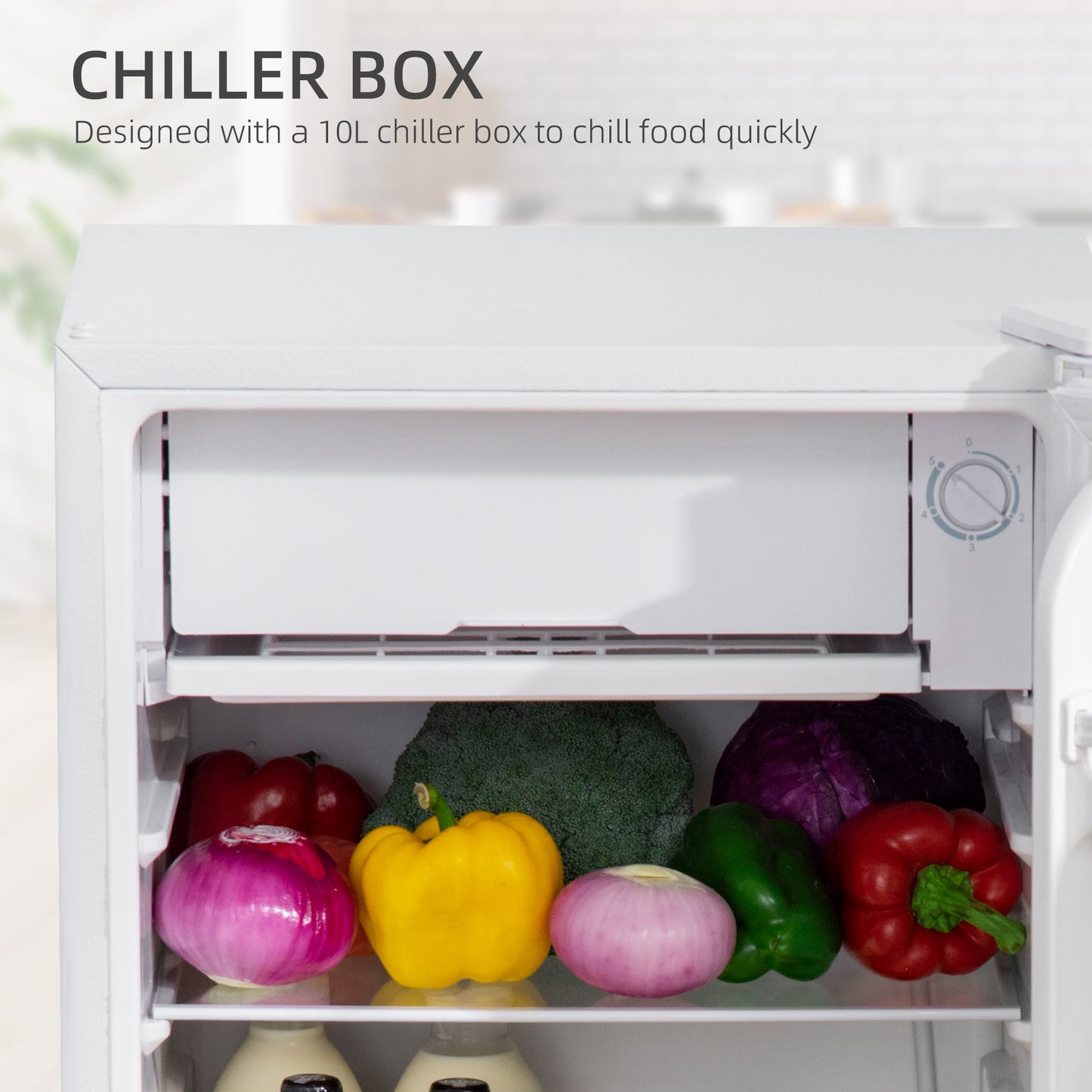 91 Litre Freestanding Under Counter Fridge with Chiller Box, Reversible Door, Adjustable Thermostat 47.5cm Wide Noise Level: Decibels 40 White