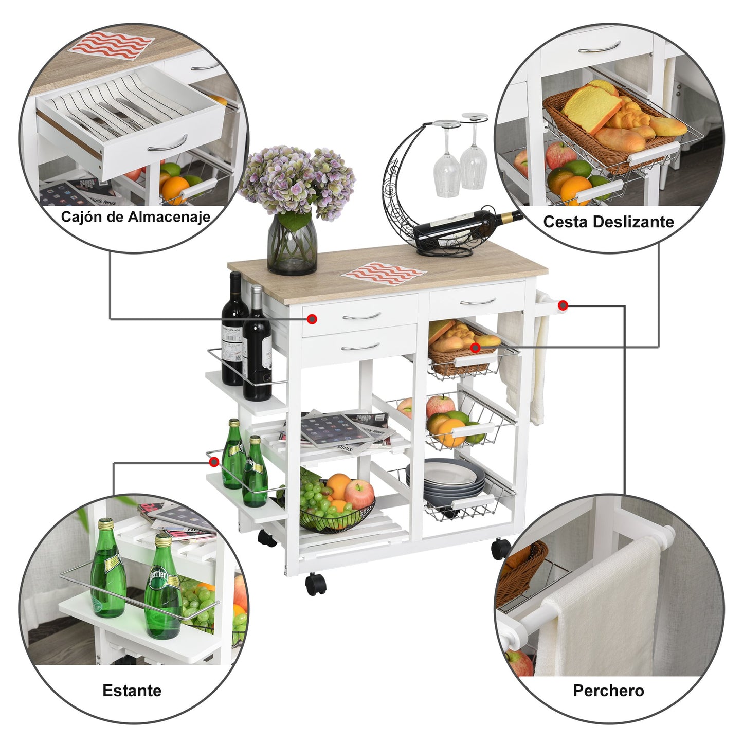 Rolling Kitchen Island on Wheels Trolley Utility Cart with Spice Racks, Towel Rack, Baskets & Drawers for Dining Room