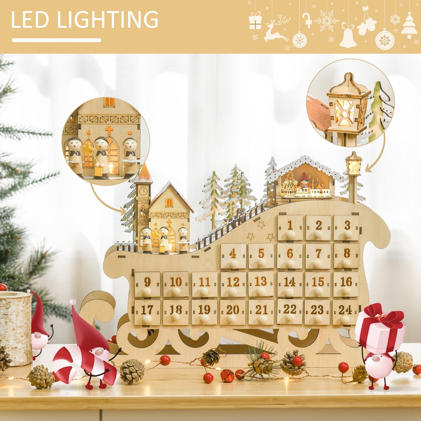 Reusable Christmas Advent Calendar, Light Up Table Wooden Sled Decoration W/ Countdown Drawer, Village, Natural Wood Colour