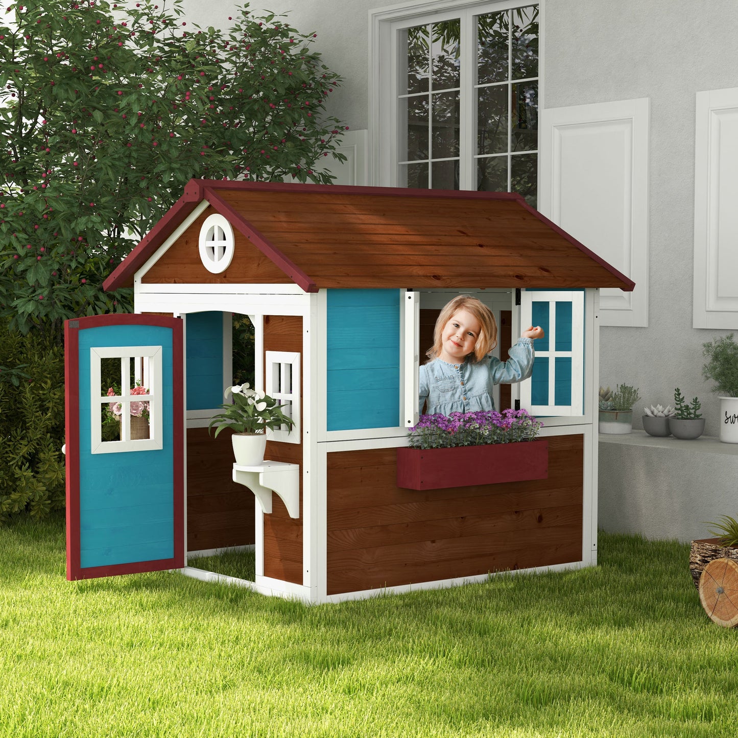 Outsunny Wooden Playhouse with Doors, Windows, Plant Pots, Boxes, for 3-8 Years - Dark Brown