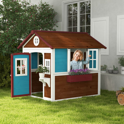 Outsunny Wooden Playhouse with Doors, Windows, Plant Pots, Boxes, for 3-8 Years - Dark Brown