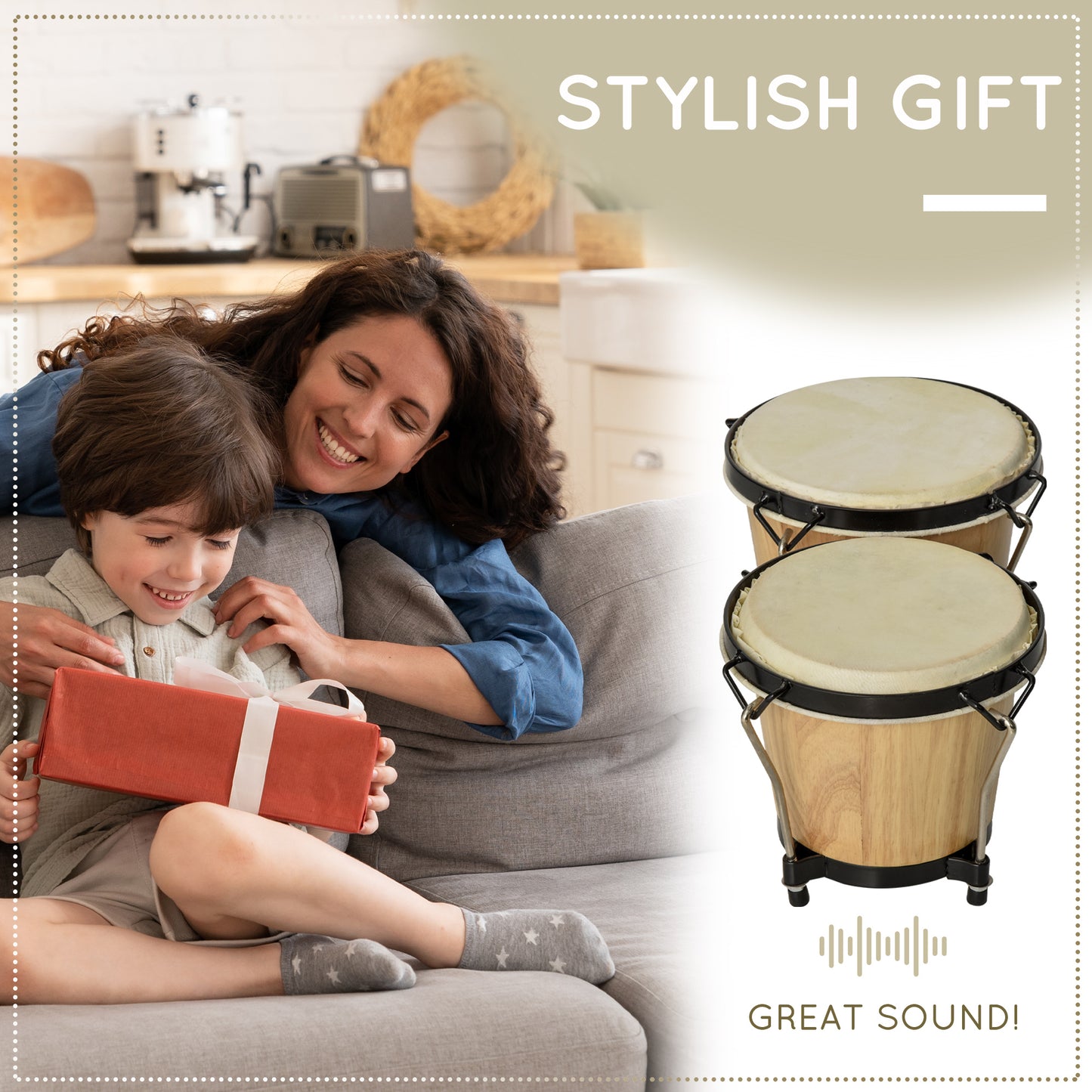 Wooden Bongo Drum Set w/ Sheepskin Drum Head, Percussion Instrument, Φ7.75" & Φ7" Drums, for Kids Adults, w/ Tuning Wrench