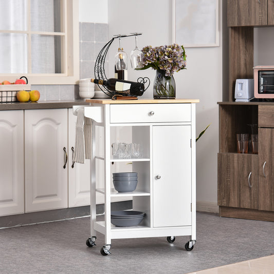 Kitchen Storage Trolley Unit w/ Wood Top 3 Shelves Cupboard Drawer Rail 4 Wheels Handles Moving Shelf Handy Spacesaver White