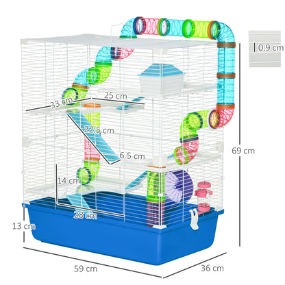 PawHut Large Hamster Cage, 5-Level Gerbil Haven, Small Rodent House, Tunnel Tube System, with Water Bottle, Exercise Wheel, Ramps, 59x36x 69 cm Blue