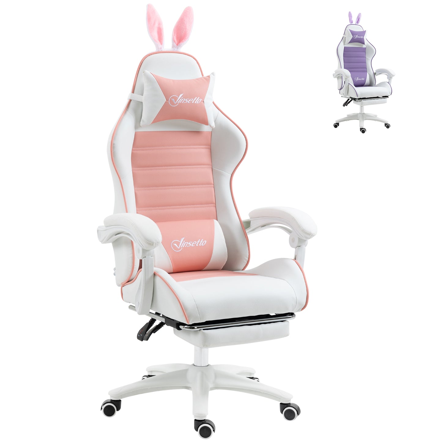 Vinsetto Racing Gaming Chair, Reclining PU Leather Computer Chair with Removable Rabbit Ears, Footrest, Headrest and Lumber Support, Pink