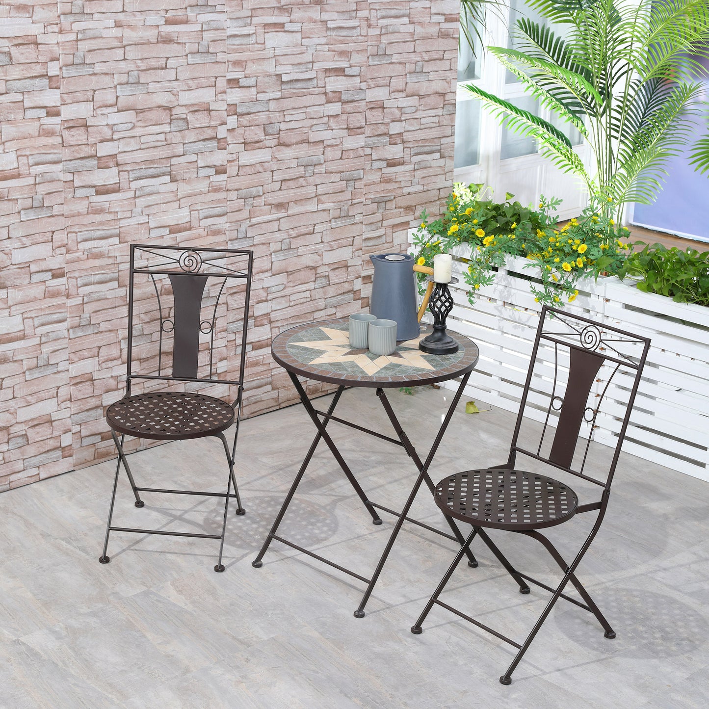 3 Piece Patio Bistro Set, Mosaic Table and 2 Armless Chairs with Foldable Design, Metal Frame for Garden, Poolside, Coffee