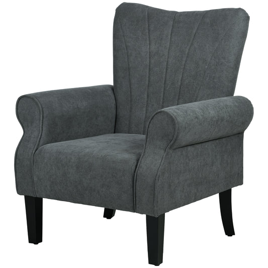 Retro Vintage Style Upholstered Accent Chair with High Back, Rolled Arms and Wood Legs, Soft Thick Padded Armchair, Grey