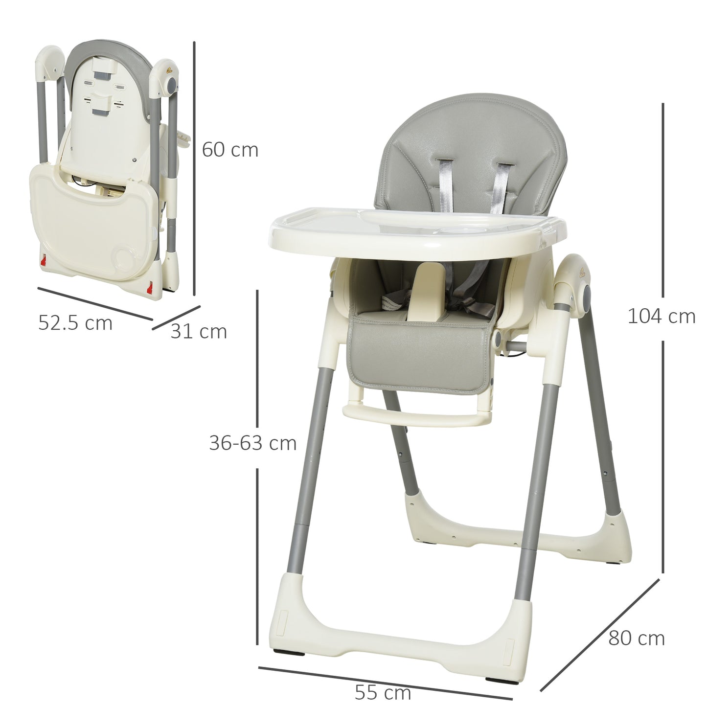 Baby High Chair Convertible to Toddler Chair Height Adjustable with Removable Tray 5-Point Harness Mobile with Wheels Grey