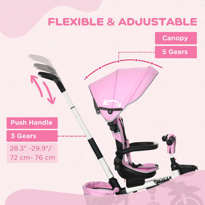 7-in-1 Tricycle for Kids, Baby Trike with Rotatable Seat, Adjustable Push Handle Safety Harness Detachable Canopy Semi-reclining Footrest Pink