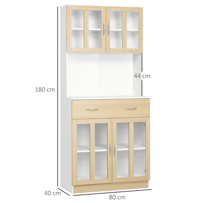 Modern Kitchen Cupboard, Freestanding Storage Cabinet Hutch with Central Drawer, 2 Glass Door Cabinets and Countertop,180cm