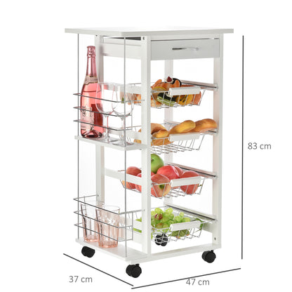 Multi-Use Kitchen Island Trolley w/ 4 Baskets 2 Side Racks Drawer Worktop 4 Wheels Worktop Food Storage Smooth Rolling Compact Furniture White