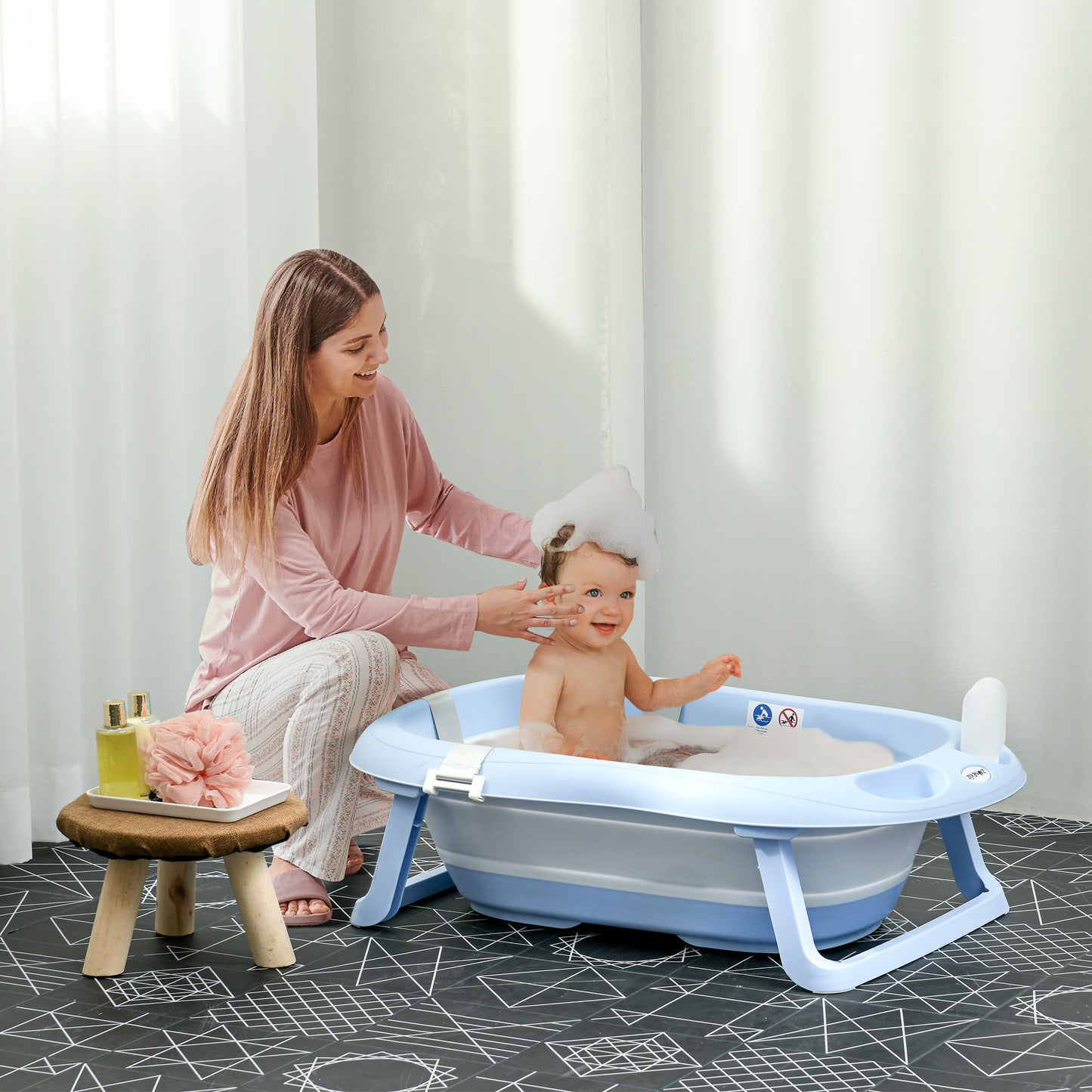 ZONEKIZ Foldable Baby Bath Tub, Bath Tub with Non-Slip Support, Cushion Pad, Drain Plugs, Shower Head Holder, for Newborn to 6 Years - Blue