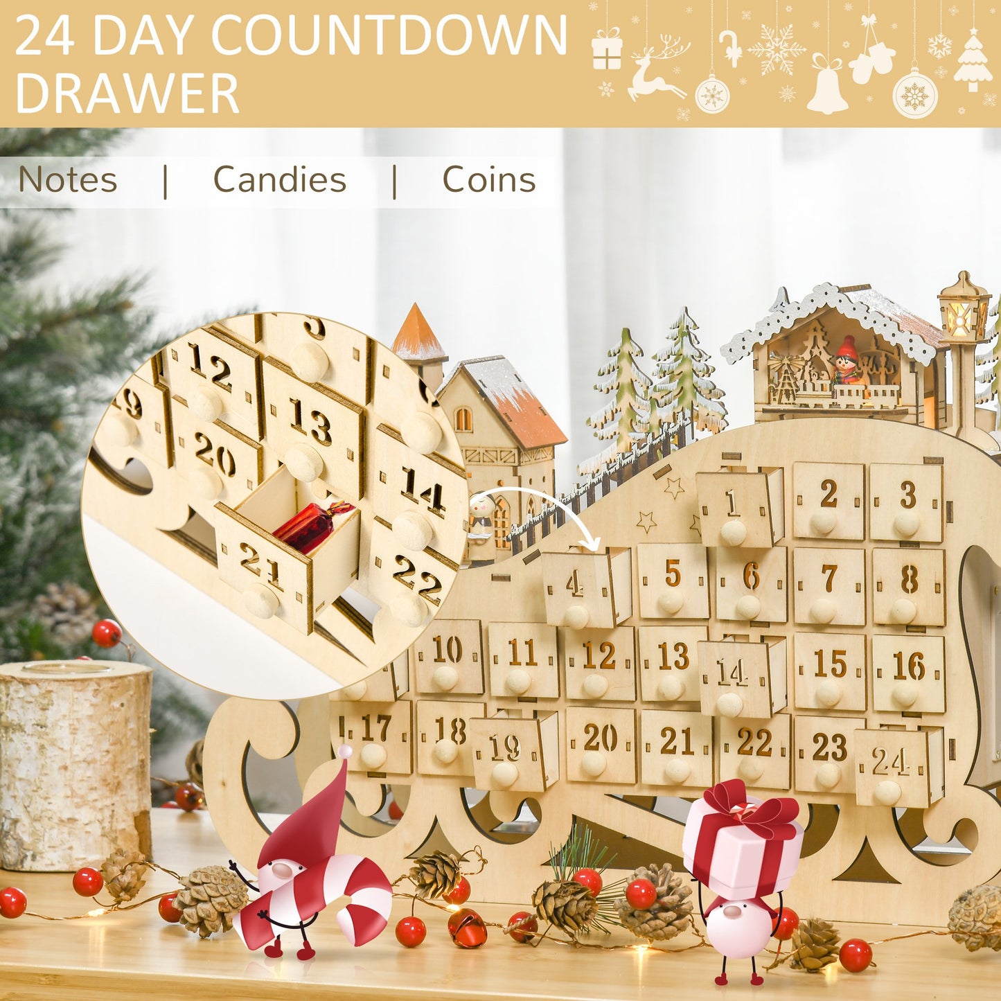 Reusable Christmas Advent Calendar, Light Up Table Wooden Sled Decoration W/ Countdown Drawer, Village, Natural Wood Colour