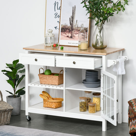 Modern Kitchen Island on Wheels, Kitchen Trolley Storage Cart with 2 Drawers, Cabinet, Towel Rack, Rubber Wood Top for Dining Room, White