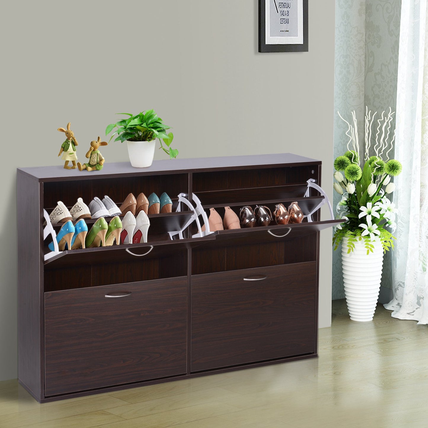 Wooden Shoes Cabinet Multi Flip Down Shelf Drawer Organiser - Dark Brown