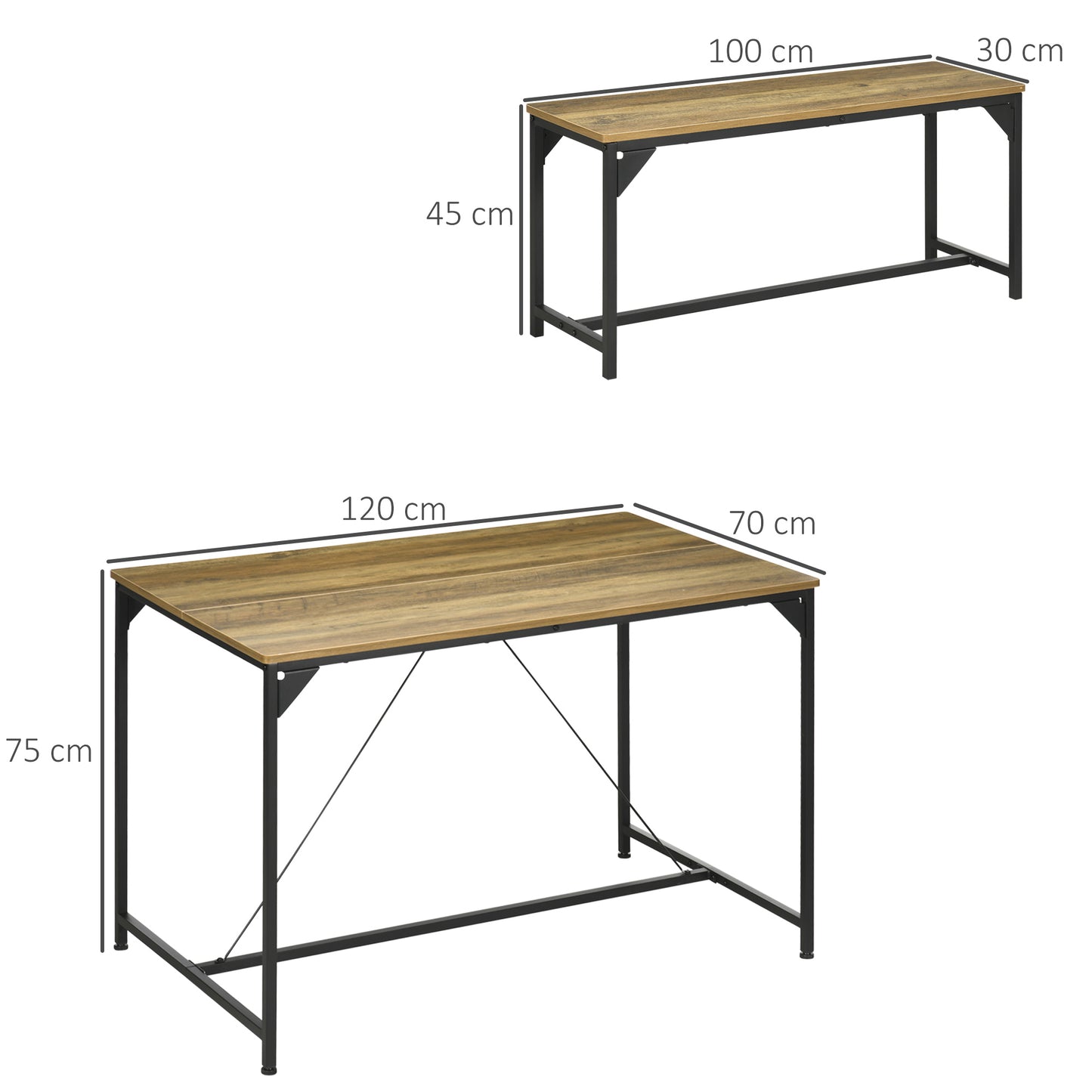 Retro Style Dining Table and Bench Set for 4, Kitchen Table with 2 Benches, Space Saving Dining Room Sets, Natural