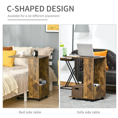 Retro Vintage Style Mobile Sofa Side Table C-Shape End Table with Storage and Casters for Laptop Coffee Snack, Rustic Brown