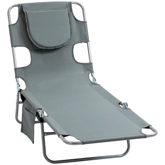 Outsunny Beach Chaise Lounge with Face Cavity & Arm Slots, Portable Sun Lounger, Reclining Lounge Chair 5-position Adjustable Backrest Grey