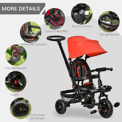 4 in 1 Tricycle 3 Wheels Pushchair Toddler Stroller Foldable Pedal Trike w/ Reversible Angle Adjustable Seat for 1-5 Years, Red