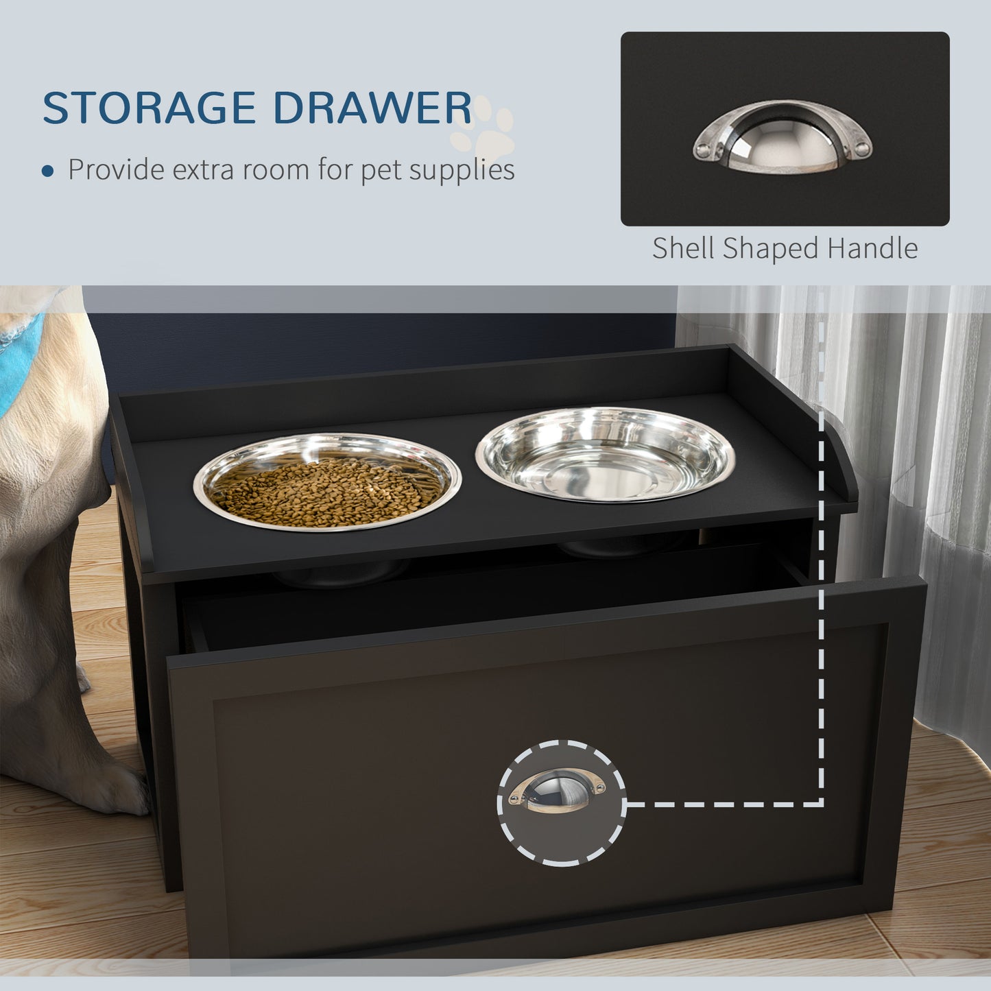 PawHut Stainless Steel Raised Dog Bowls, With 21L Storage Drawer for Large Dogs and Cats - Black