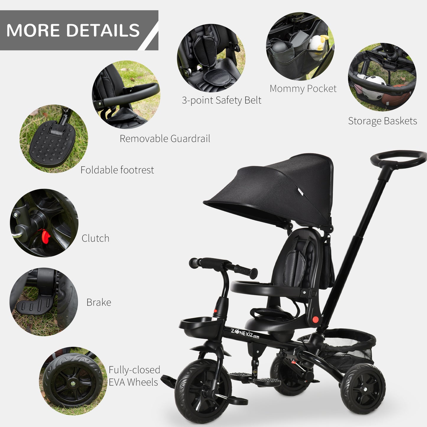 4 in 1 Baby Tricycle Toddler Stroller Foldable Pedal Tricycle w/ Reversible Angle Adjustable Seat Removable for 1-5 Years - Black