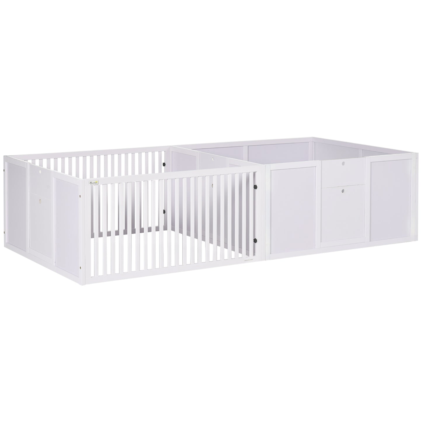 PawHut 7 Panels Playpen with 3 Doors for Baby Dogs, Two-Room Design Puppy Whelping Box - White