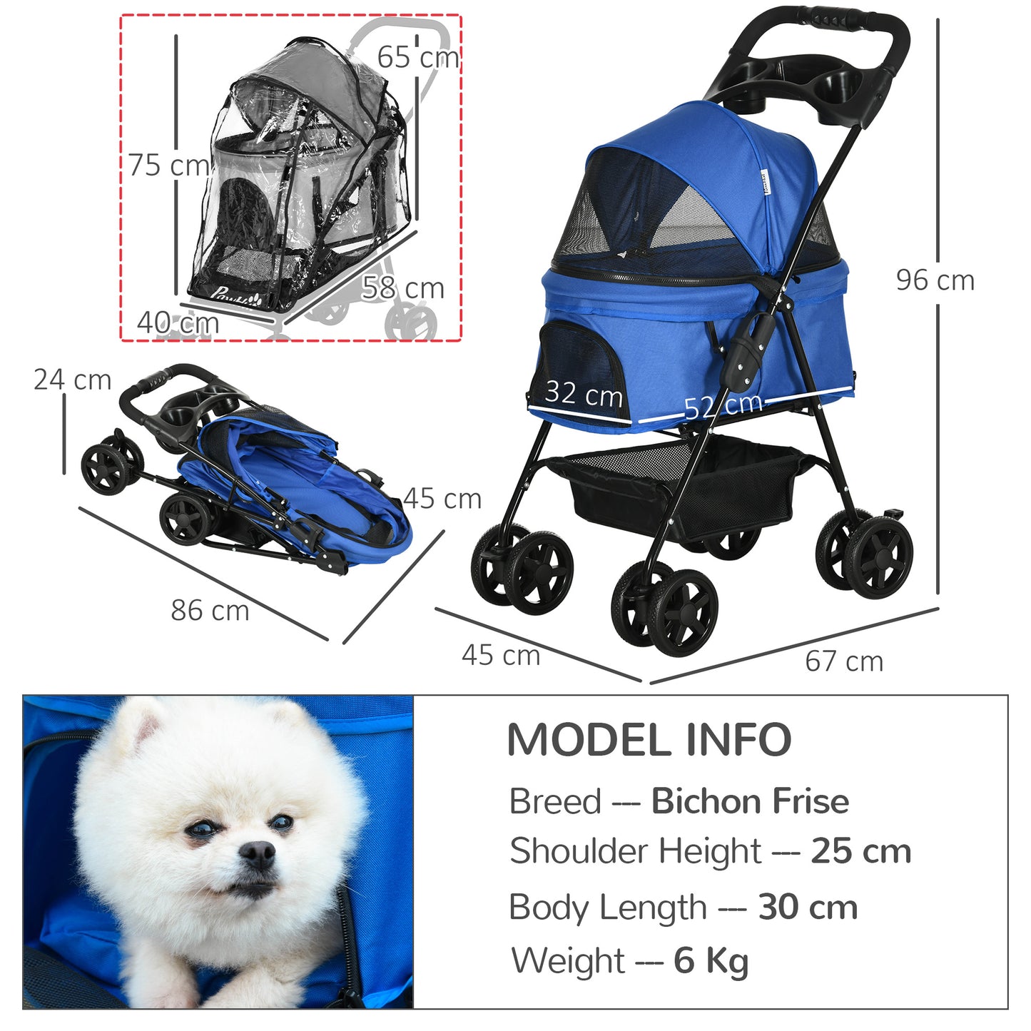 PawHut Dog Stroller with Rain Cover, Dog Pushchair One-Click Fold Trolley with EVA Wheels Brake Basket Adjustable Canopy Safety Leash