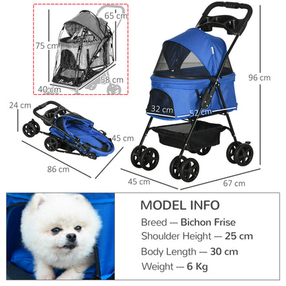 PawHut Dog Stroller with Rain Cover, Dog Pushchair One-Click Fold Trolley with EVA Wheels Brake Basket Adjustable Canopy Safety Leash