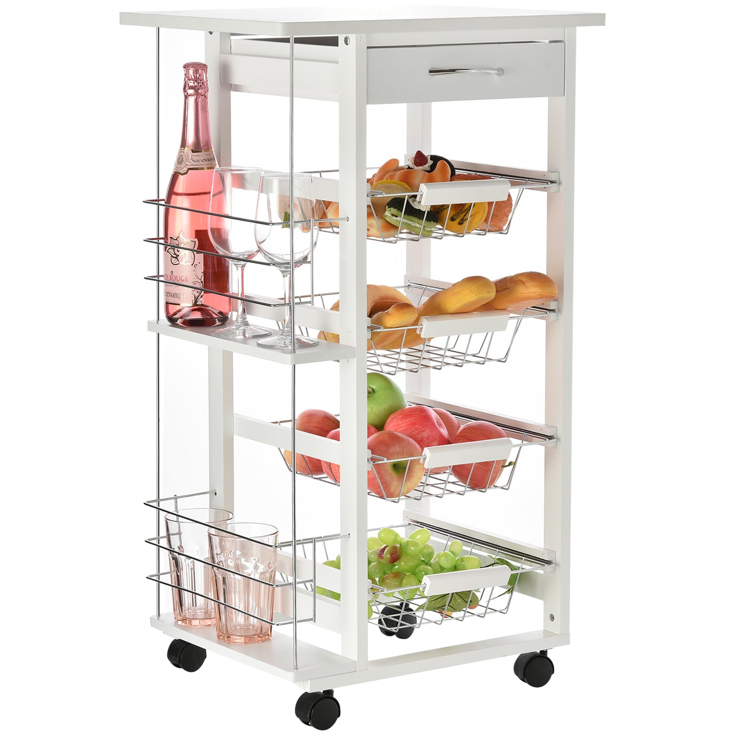 Multi-Use Kitchen Island Trolley w/ 4 Baskets 2 Side Racks Drawer Worktop 4 Wheels Worktop Food Storage Smooth Rolling Compact Furniture White