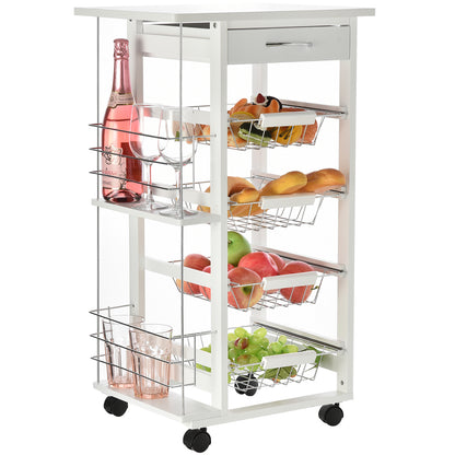 Multi-Use Kitchen Island Trolley w/ 4 Baskets 2 Side Racks Drawer Worktop 4 Wheels Worktop Food Storage Smooth Rolling Compact Furniture White