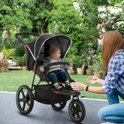 Three Wheeler Pushchair, Lightweight Foldable Running Baby Stroller with Fully Reclining, Adjustable Handlebar Backrest, Sun Canopy Black