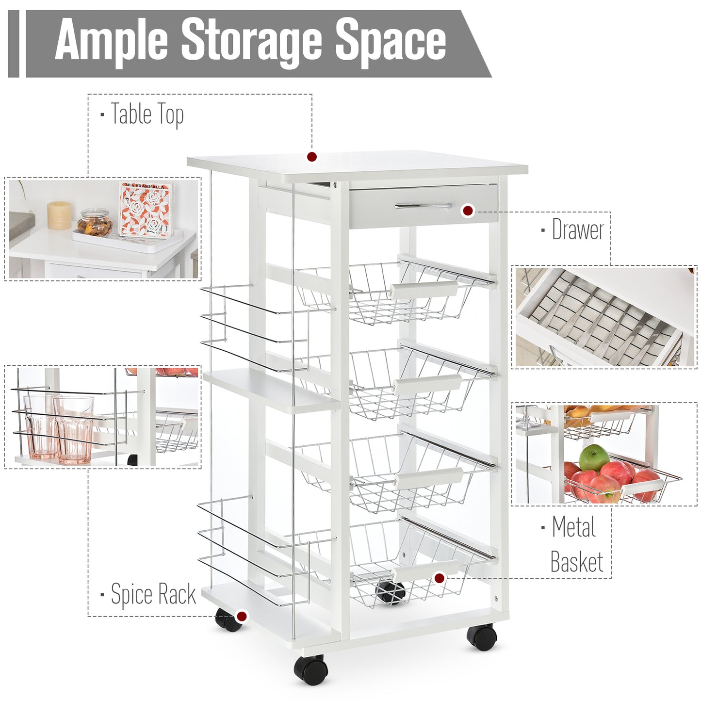 Multi-Use Kitchen Island Trolley w/ 4 Baskets 2 Side Racks Drawer Worktop 4 Wheels Worktop Food Storage Smooth Rolling Compact Furniture White