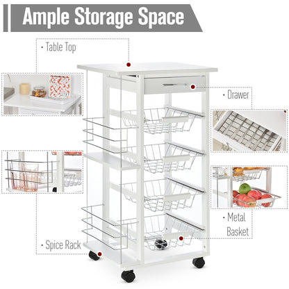 Multi-Use Kitchen Island Trolley w/ 4 Baskets 2 Side Racks Drawer Worktop 4 Wheels Worktop Food Storage Smooth Rolling Compact Furniture White