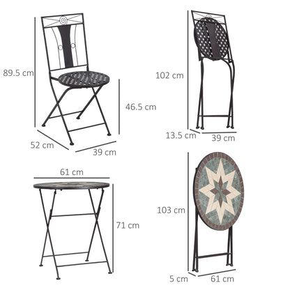 3 Piece Patio Bistro Set, Mosaic Table and 2 Armless Chairs with Foldable Design, Metal Frame for Garden, Poolside, Coffee