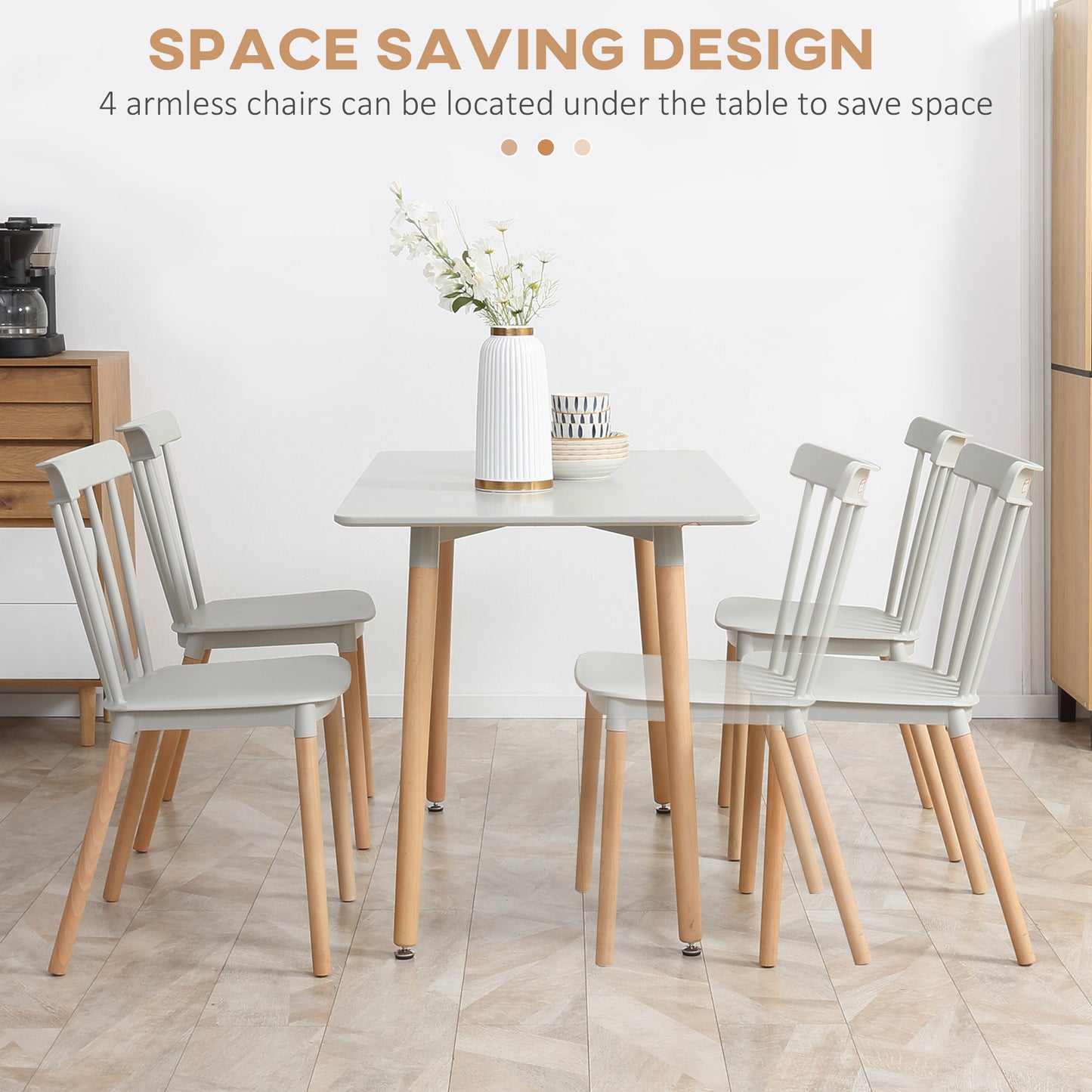 5 Piece Dining Table Set with Beech Wood Legs, Space Saving Table and 4 Chairs for Small Kitchens, Grey