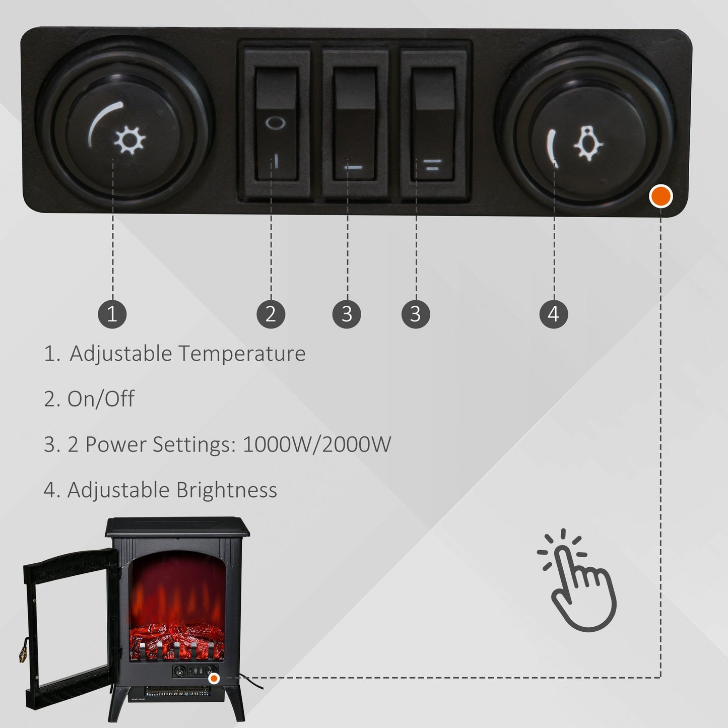 Free standing Electric Fireplace Stove Heater With LED Flame Effect, 3-sided Tempered Glass, Overheat Protection, 1000W/2000W, Black