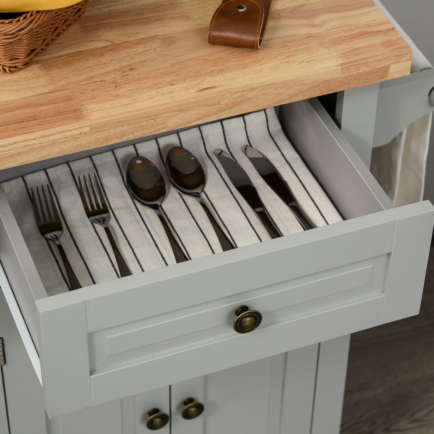 Rolling Kitchen Island Storage Trolley with Rubber Wood Top & Drawers for Dining Room, Grey