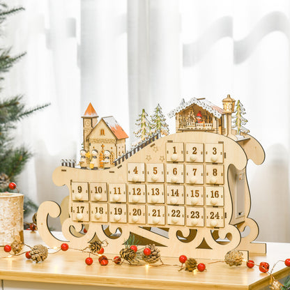 Reusable Christmas Advent Calendar, Light Up Table Wooden Sled Decoration W/ Countdown Drawer, Village, Natural Wood Colour