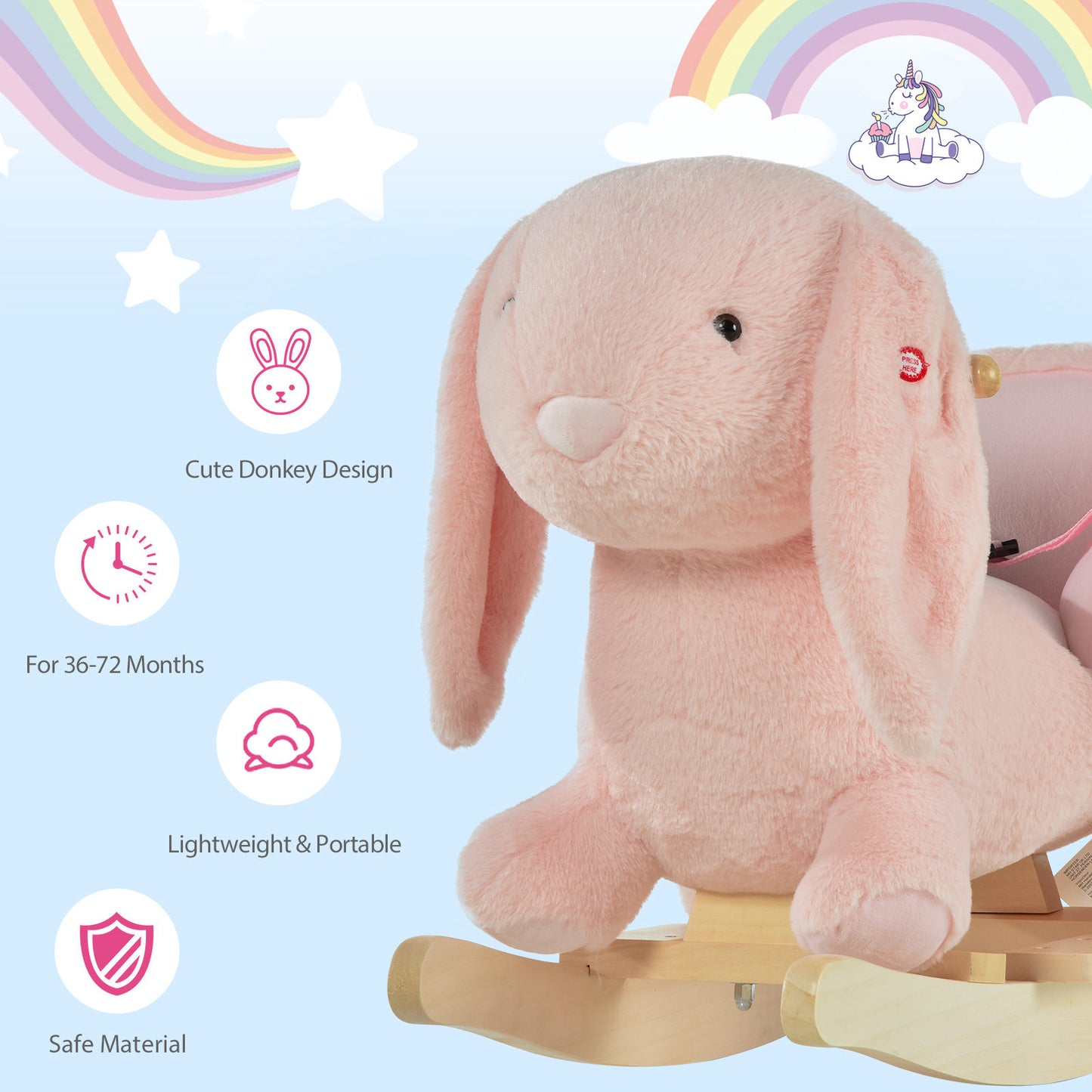 Toddlers Rabbit Plush Rocking Ride On With Sound Pink