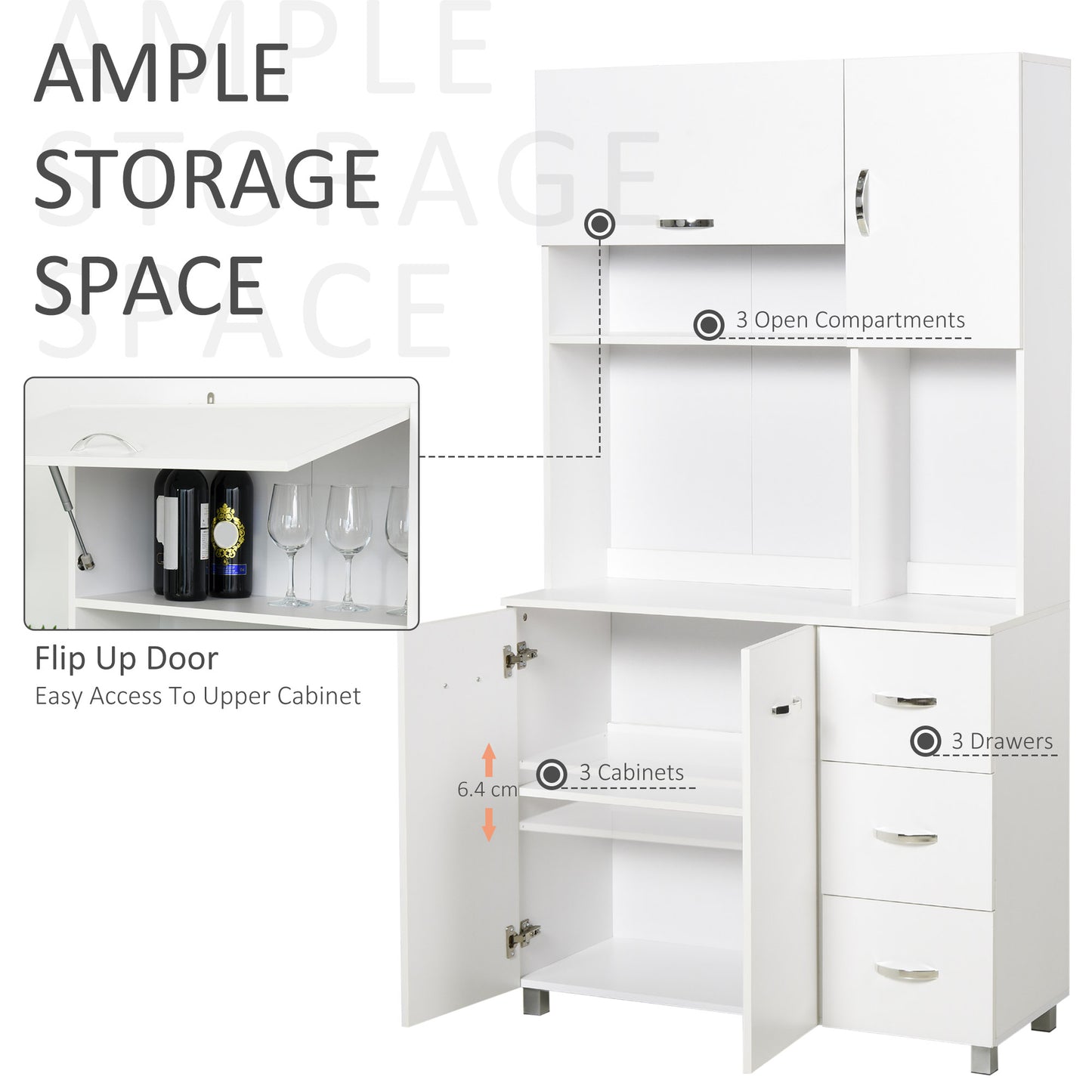 Freestanding Kitchen Storage Unit w/ Cupboard Cabinets Open Compartments Drawers Metal Handles Side Shelf Server Organisation Furniture White