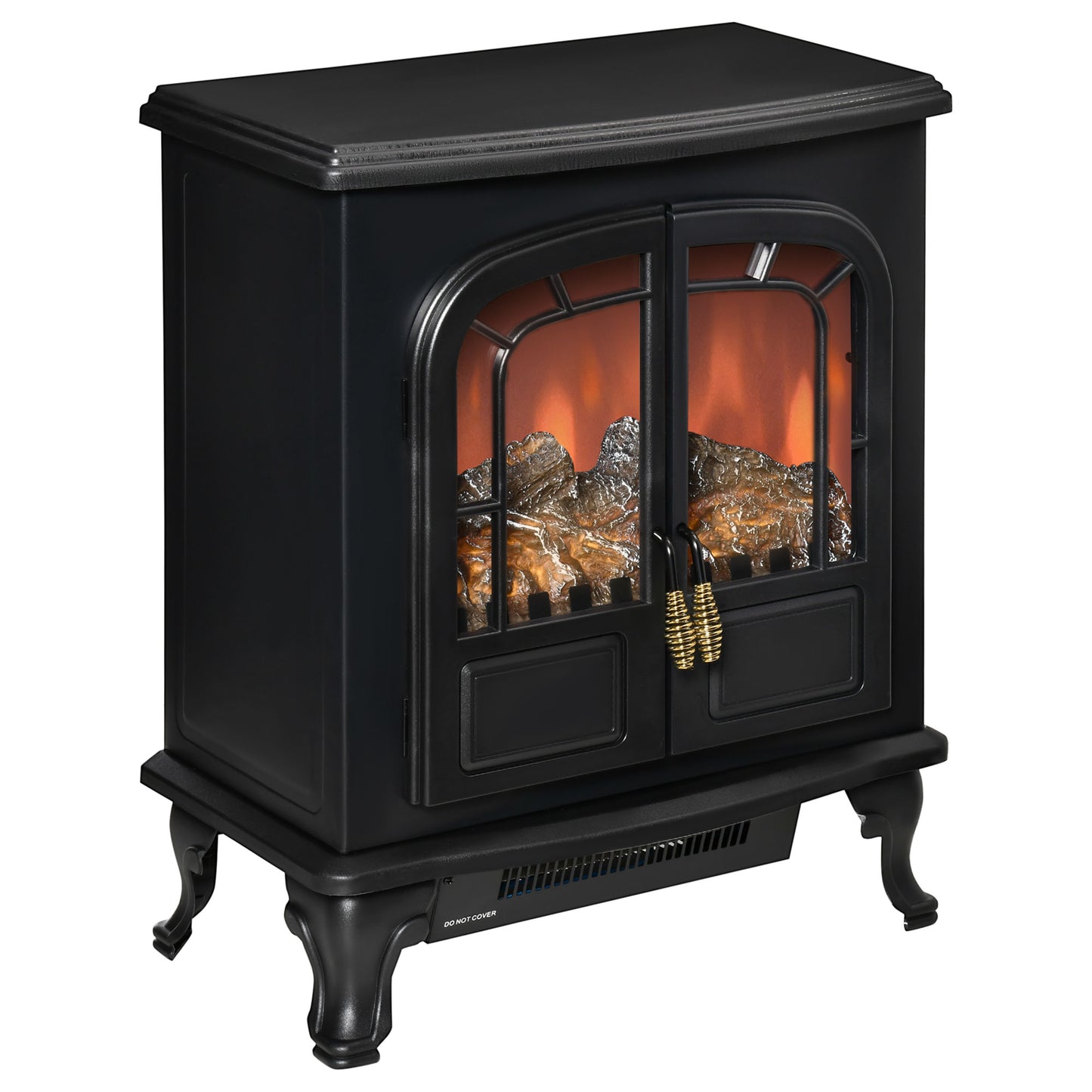 Electric Fireplace Stove Heater with LED Fire Flame Effect, Double Door, Freestanding & Portable with Overheat Protection, 1000W/2000W, Black