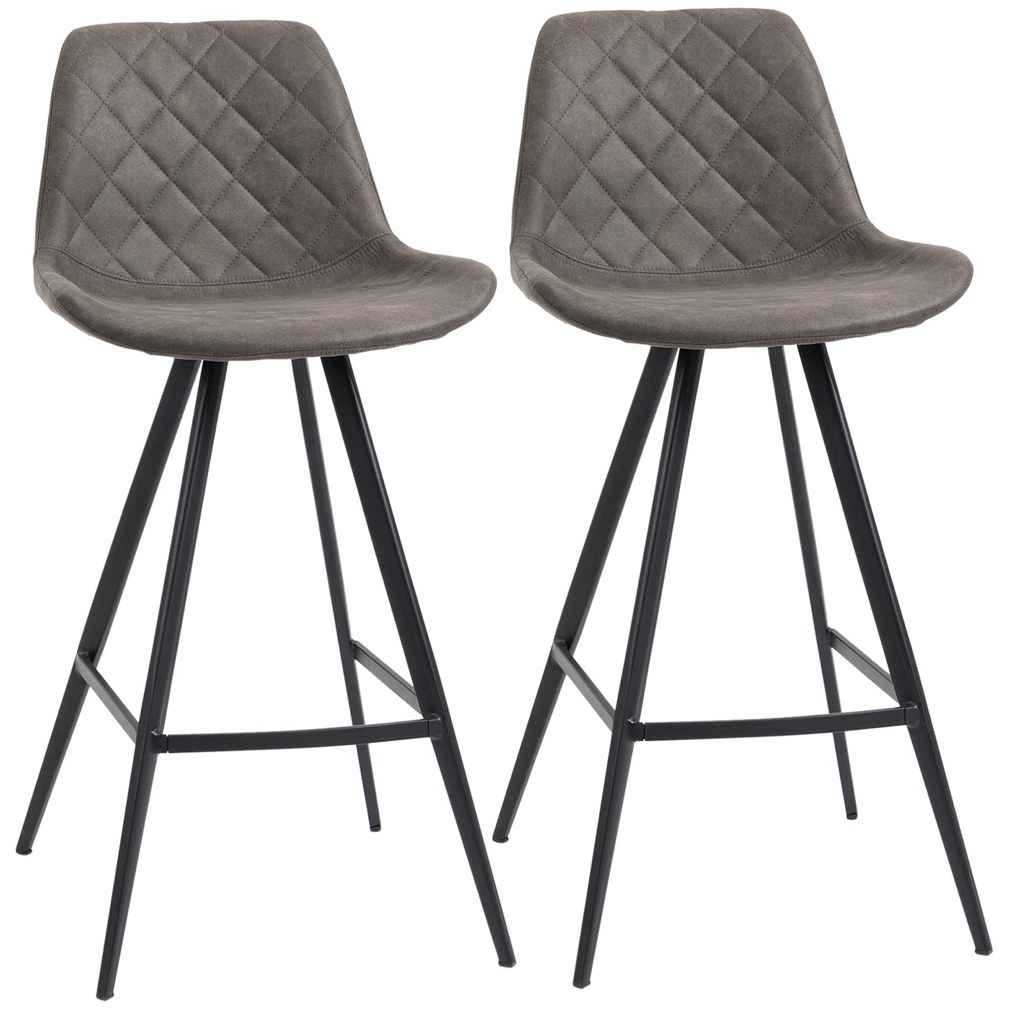 Set Of 2 Bar Stools Vintage Retro Style Microfiber Cloth Tub Seats Padded Comfortable Steel Frame Footrest Quilted Home Kitchen Chair Stylish