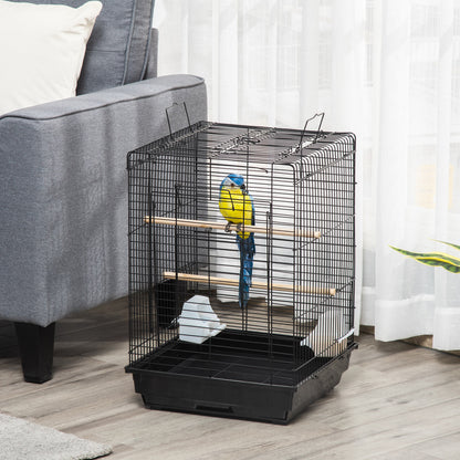 PawHut Steel Bird Cage with Openable Top, Stand, Tray, Handles, Feeding Bowls for Parakeet, Finch, Black