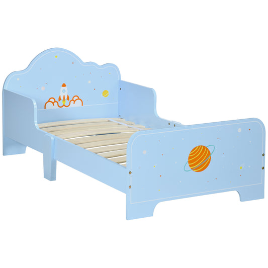 ZONEKIZ Toddler Bed Kids Bedroom Furniture with Rocket & Plants Patterns Safety Side Rails Slats, Blue